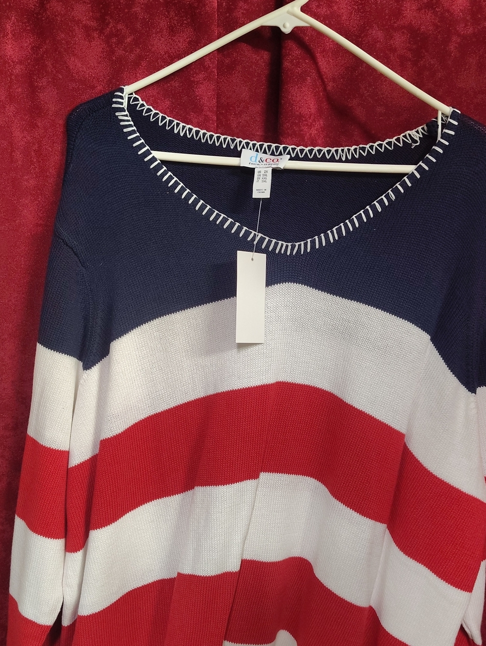 d&co Navy White Red Striped Women's Sweater